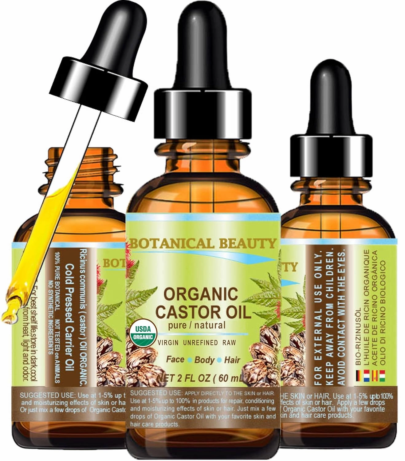 Botanical Beauty Organic Castor Oil 100% Pure Natural Cold Pressed Carrier Oil 2 Fl.oz.- 60 ml. for Face Skin Hair Lashes Brows, Nails.