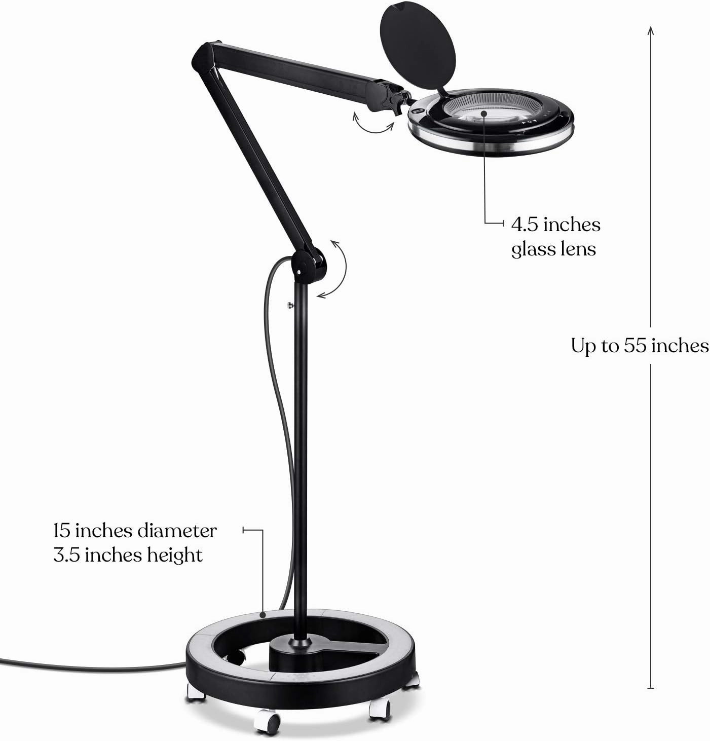 Brightech Lightview Pro Magnifying Glass with Stand & Light, Magnifying Floor Lamp with 6-Wheel Rolling Base for Facials & Lashes – Dimmable LED Work Light for Crafts, Sewing, and Projects - 5 Diopter