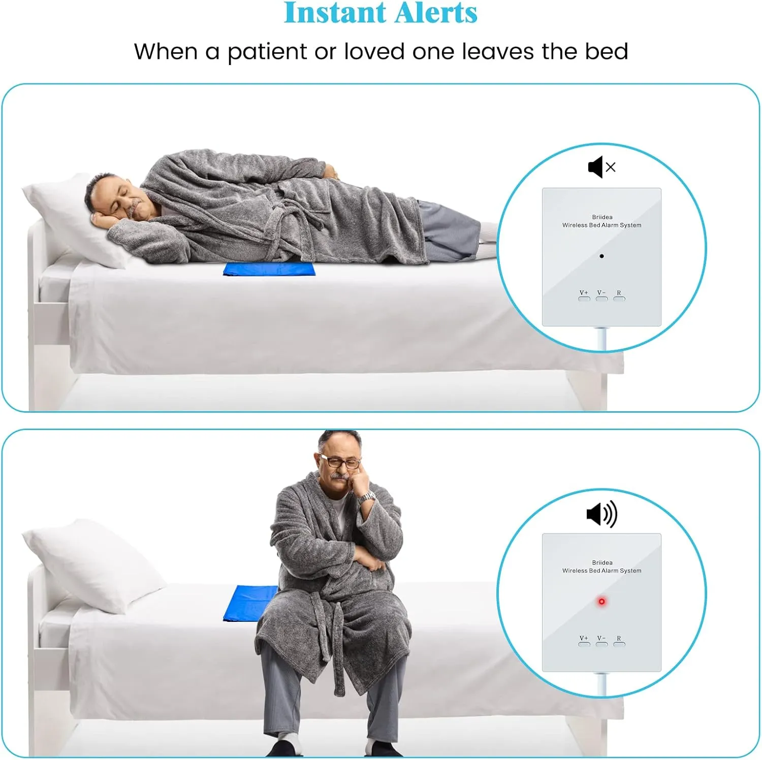 briidea Bed Alarms and Fall Prevention for Elderly with 20'' * 28'' Weight Sensing Bed Pad (Wireless Alarm Included)