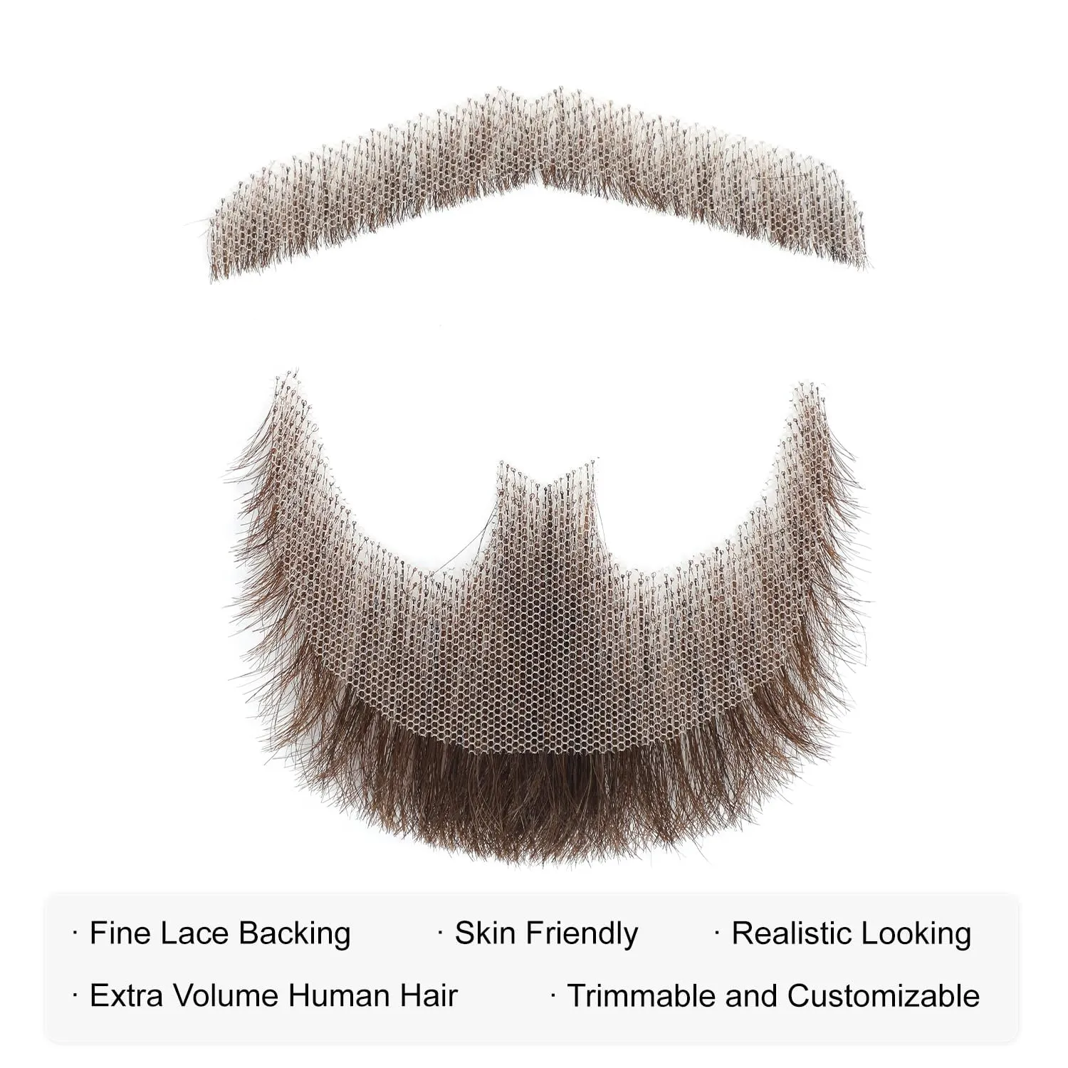 Brown Fake Beard Human Hair Fake Mustache Full Hand-Tied Lace Moustache Fake Goatee for Men Realistic False Facial Hair for Costume Party Funny Cosplay Halloween Theater, Drama
