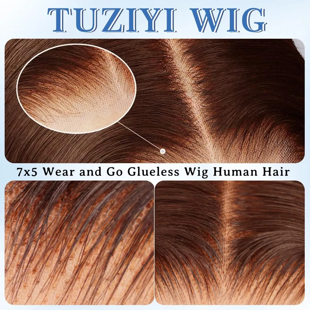 Brown Glueless Wigs Human Hair Pre Plucked Pre Cut 7x5 Wear and Go Straight Lace Front Wigs Human Hair Closure Wig 24Inch Brown Straight Human Hair Wig 180% Density 3 Seconds Ready to Wear