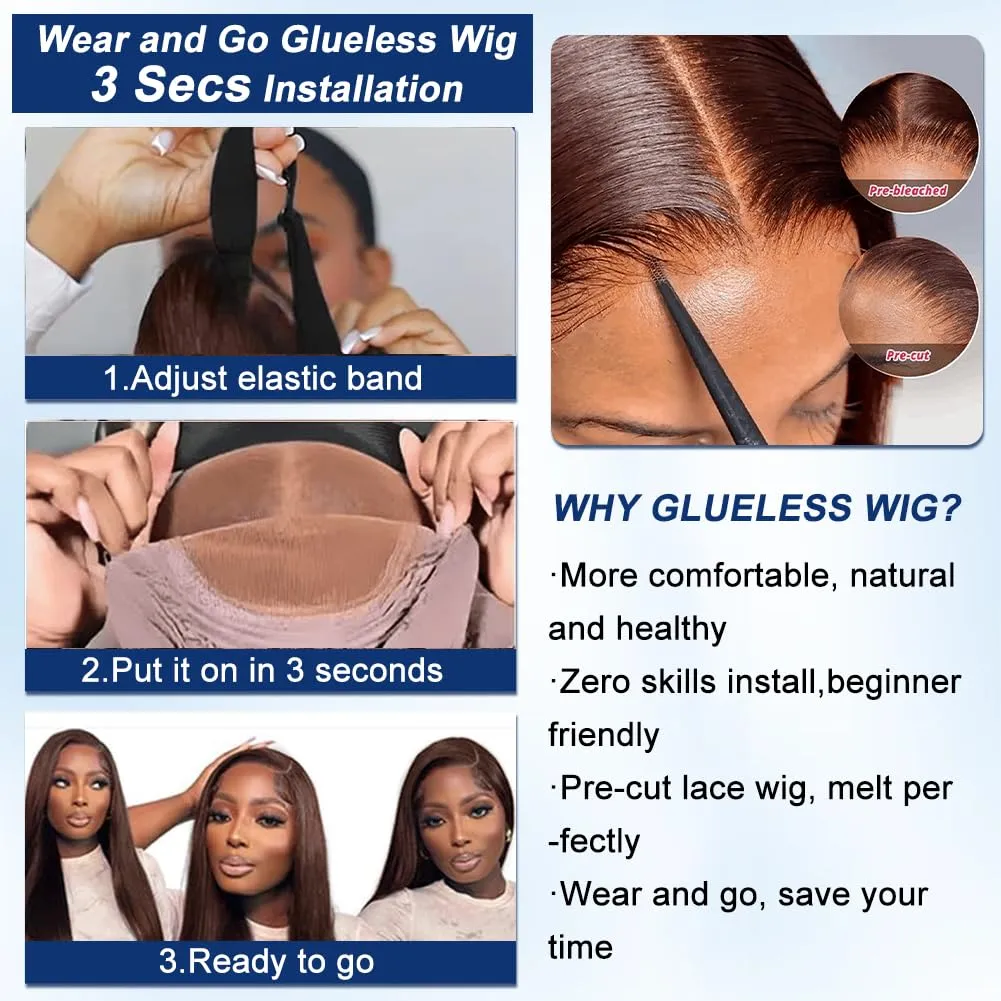 Brown Glueless Wigs Human Hair Pre Plucked Pre Cut 7x5 Wear and Go Straight Lace Front Wigs Human Hair Closure Wig 24Inch Brown Straight Human Hair Wig 180% Density 3 Seconds Ready to Wear