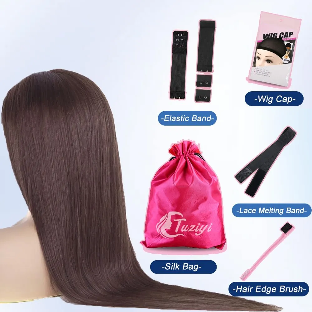 Brown Glueless Wigs Human Hair Pre Plucked Pre Cut 7x5 Wear and Go Straight Lace Front Wigs Human Hair Closure Wig 24Inch Brown Straight Human Hair Wig 180% Density 3 Seconds Ready to Wear
