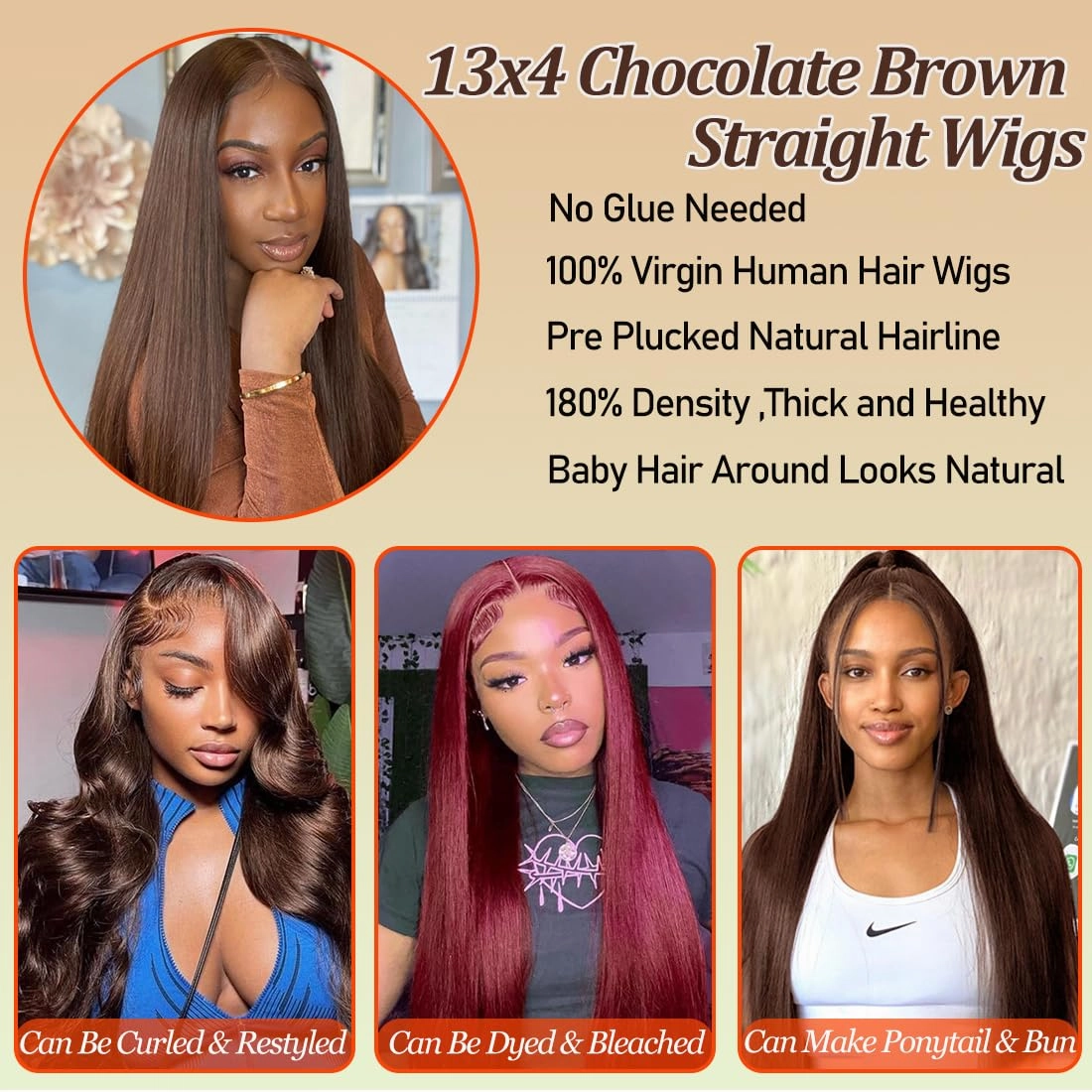Brown Glueless Wigs Human Hair Pre Plucked Pre Cut 13x4 Wear and Go Glueless Wig Chocolate Brown Lace Front Wigs Human Hair 180% Density Glueless Wigs for Black Women 30 inch