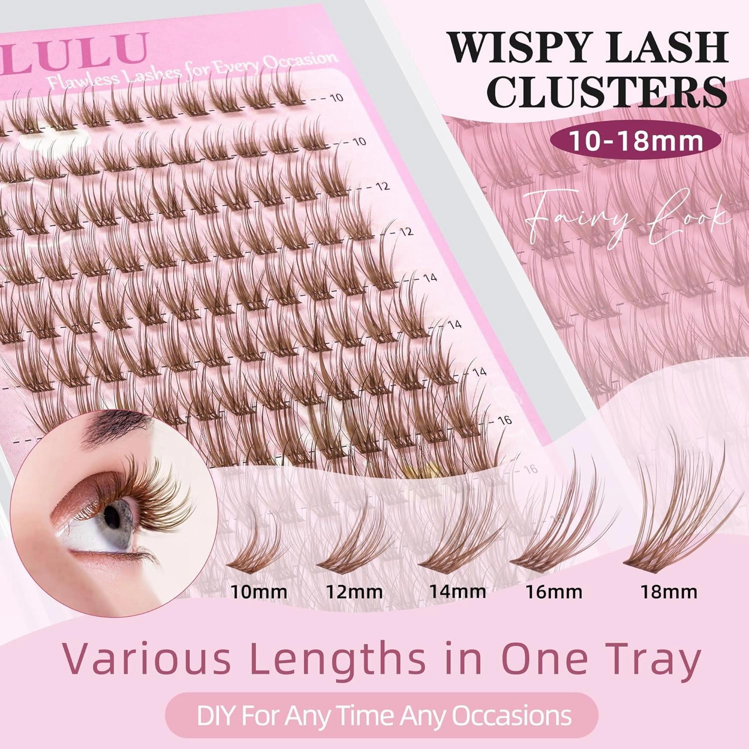 Brown Lash Clusters Kit 10-18mm Wispy Lash Clusters D Curl Eyelash Clusters, DIY Lash Extension Kit with Lash Bond & Seal, Lash Glue Remover, Lash Tweezers(U19 Lash Kit)