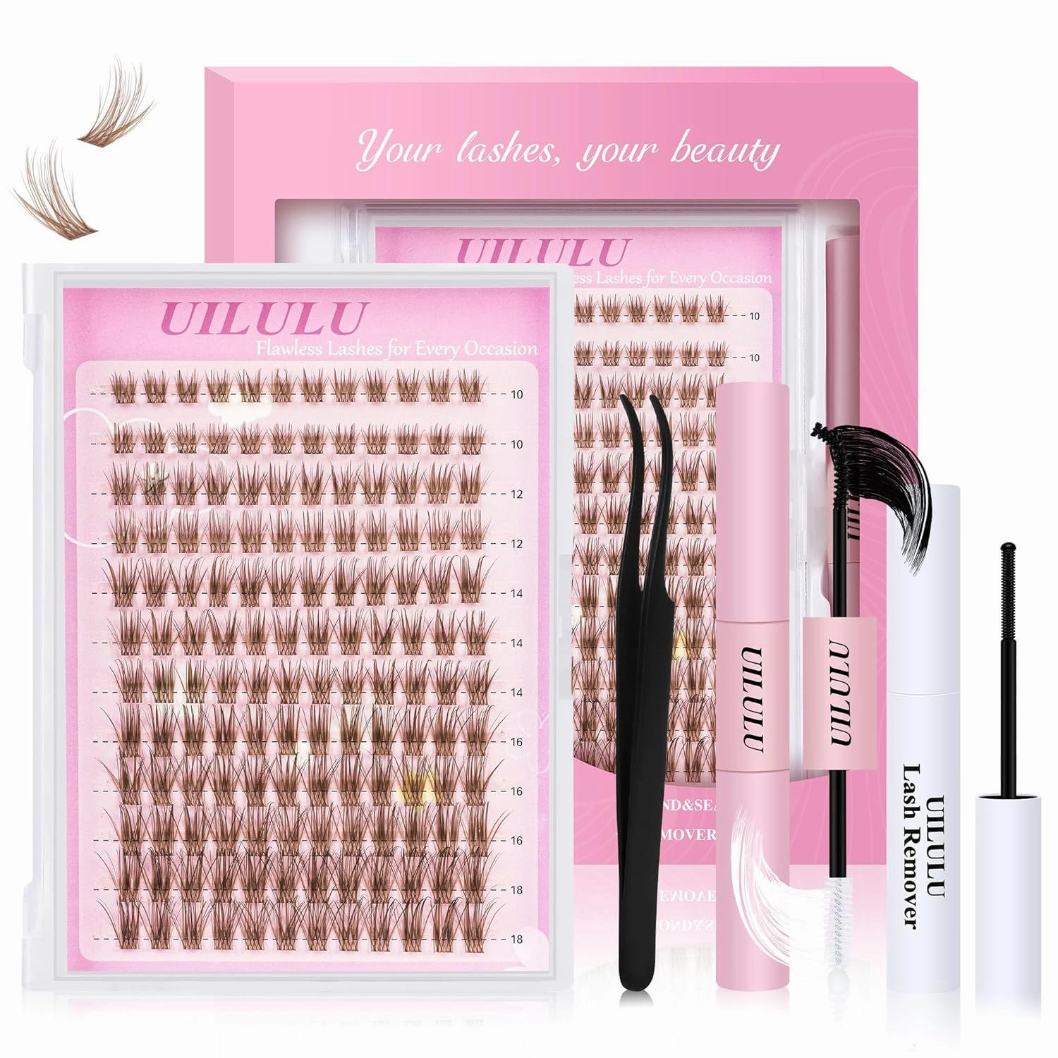 Brown Lash Clusters Kit 10-18mm Wispy Lash Clusters D Curl Eyelash Clusters, DIY Lash Extension Kit with Lash Bond & Seal, Lash Glue Remover, Lash Tweezers(U19 Lash Kit)