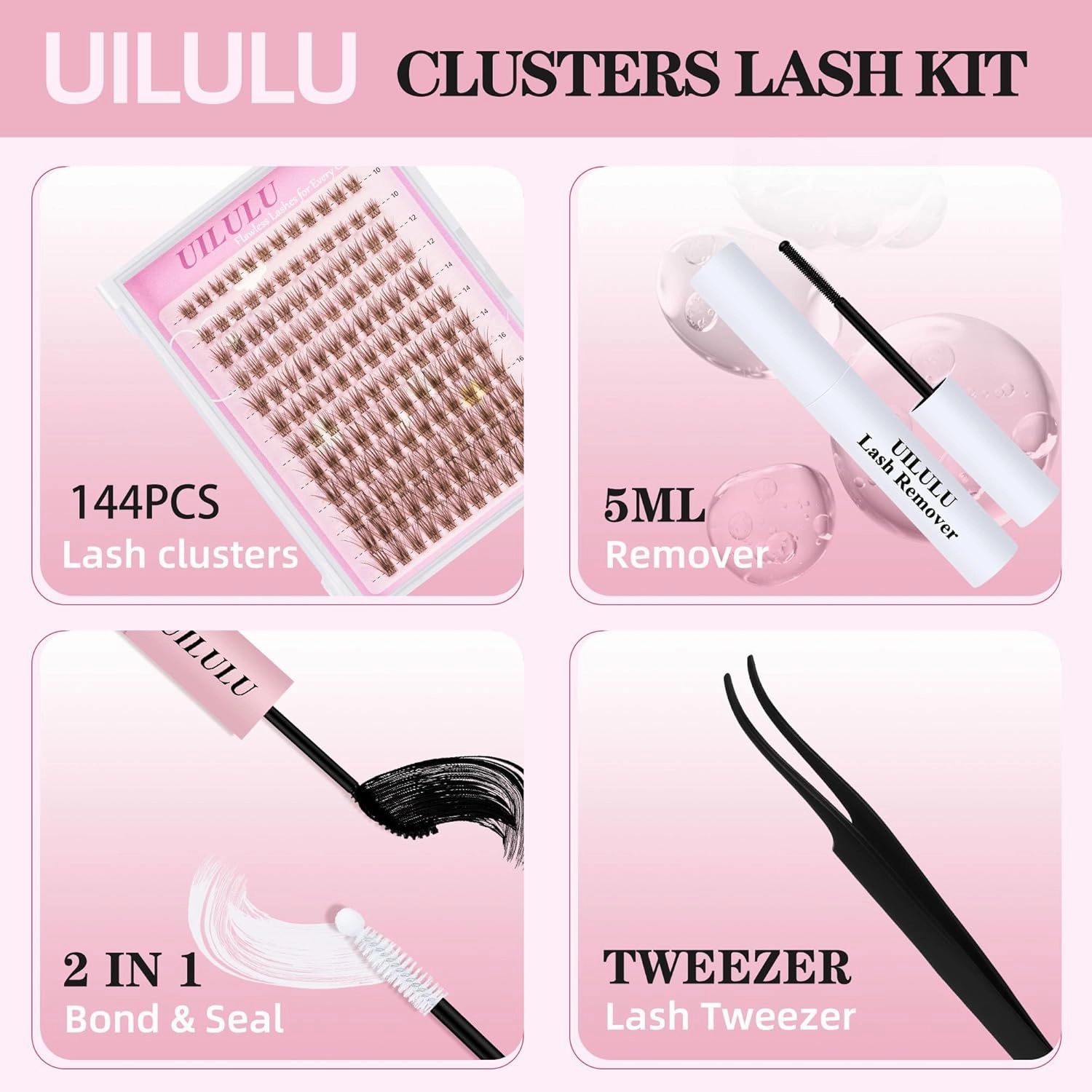 Brown Lash Clusters Kit 10-18mm Wispy Lash Clusters D Curl Eyelash Clusters, DIY Lash Extension Kit with Lash Bond & Seal, Lash Glue Remover, Lash Tweezers(U19 Lash Kit)