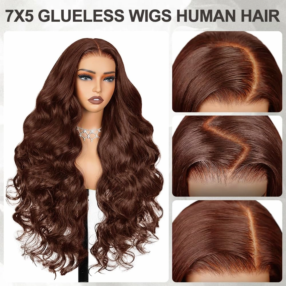 Brown Wear and Go Glueless Wig Human Hair Pre Cut 7x5 chocolat Brown Body Wave HD Lace Front Wig for Women 220% Density Pre Plucked Bleached Knots with Baby Hair #4 Colored Lace Wig Human Hair 22 Inch