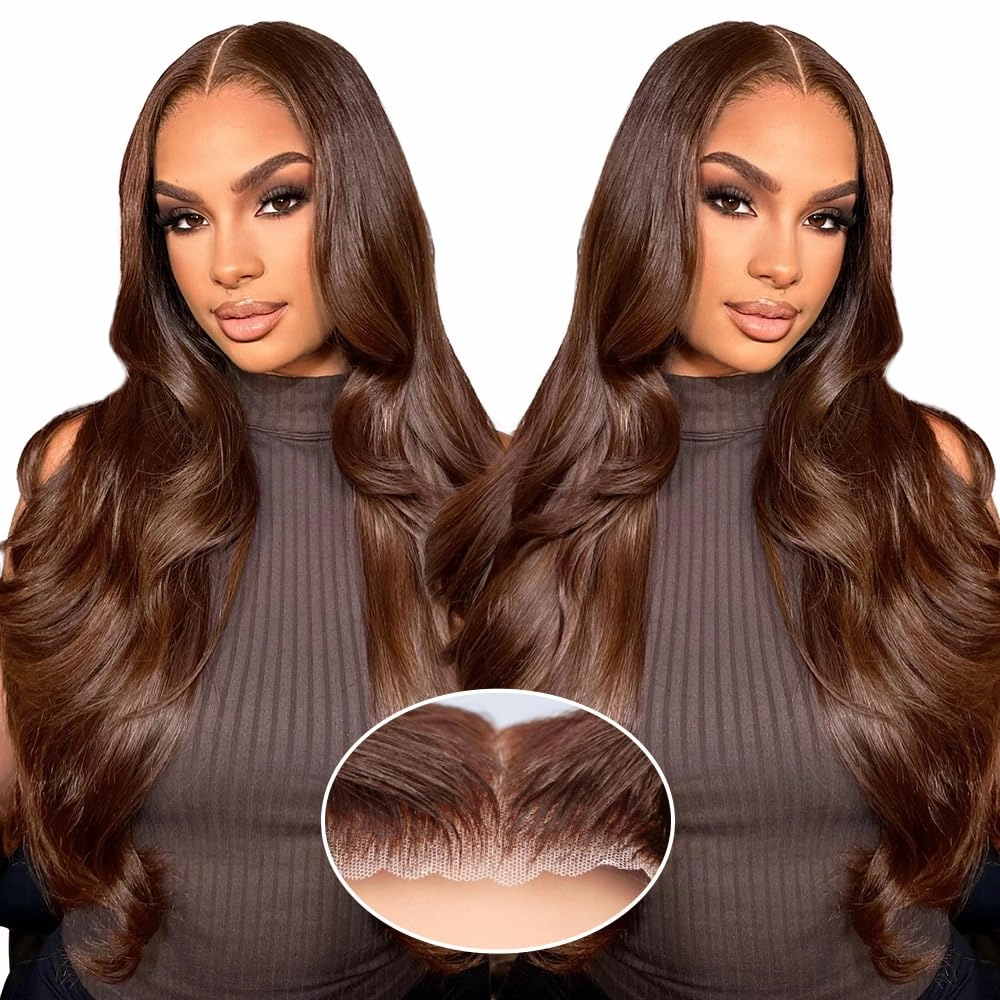 Brown Wear and Go Glueless Wig Human Hair Pre Cut 7x5 chocolat Brown Body Wave HD Lace Front Wig for Women 220% Density Pre Plucked Bleached Knots with Baby Hair #4 Colored Lace Wig Human Hair 24 Inch