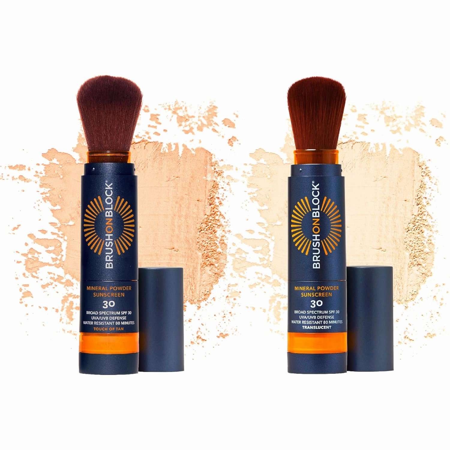 Brush On Block 2-Pack Mineral Powder Sunscreen Bundle – SPF 30 Translucent New Formula & Touch of Tan Refillable, Broad Spectrum, Water-Resistant, Reef-Friendly, For All Skin Types, Made in USA