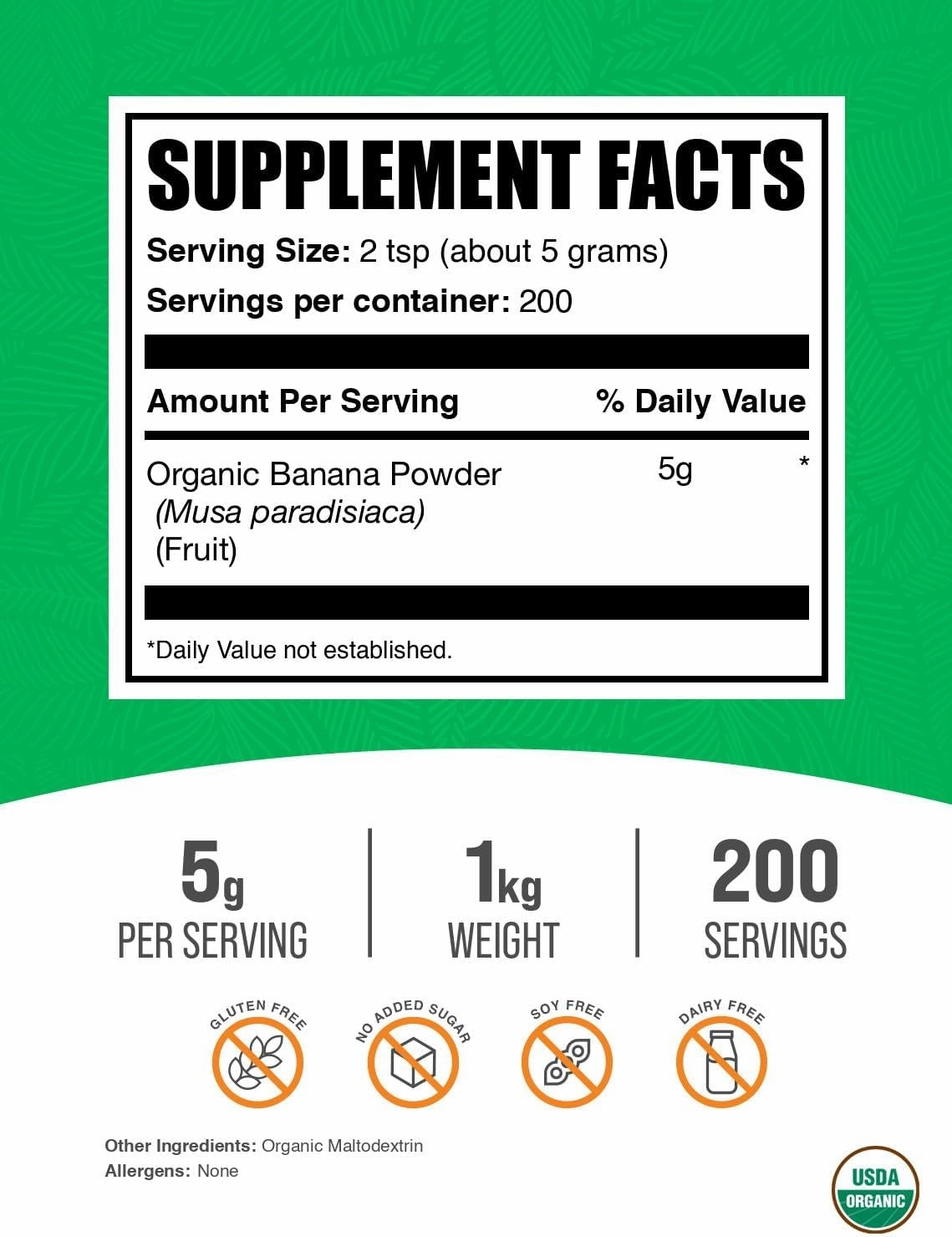 BulkSupplements.com Organic Banana Powder - Banana Fruit Powder, Nutrient Rich - Air-Dried & Gluten Free, 5g per Serving, 1kg (2.2 lbs) (Pack of 1)