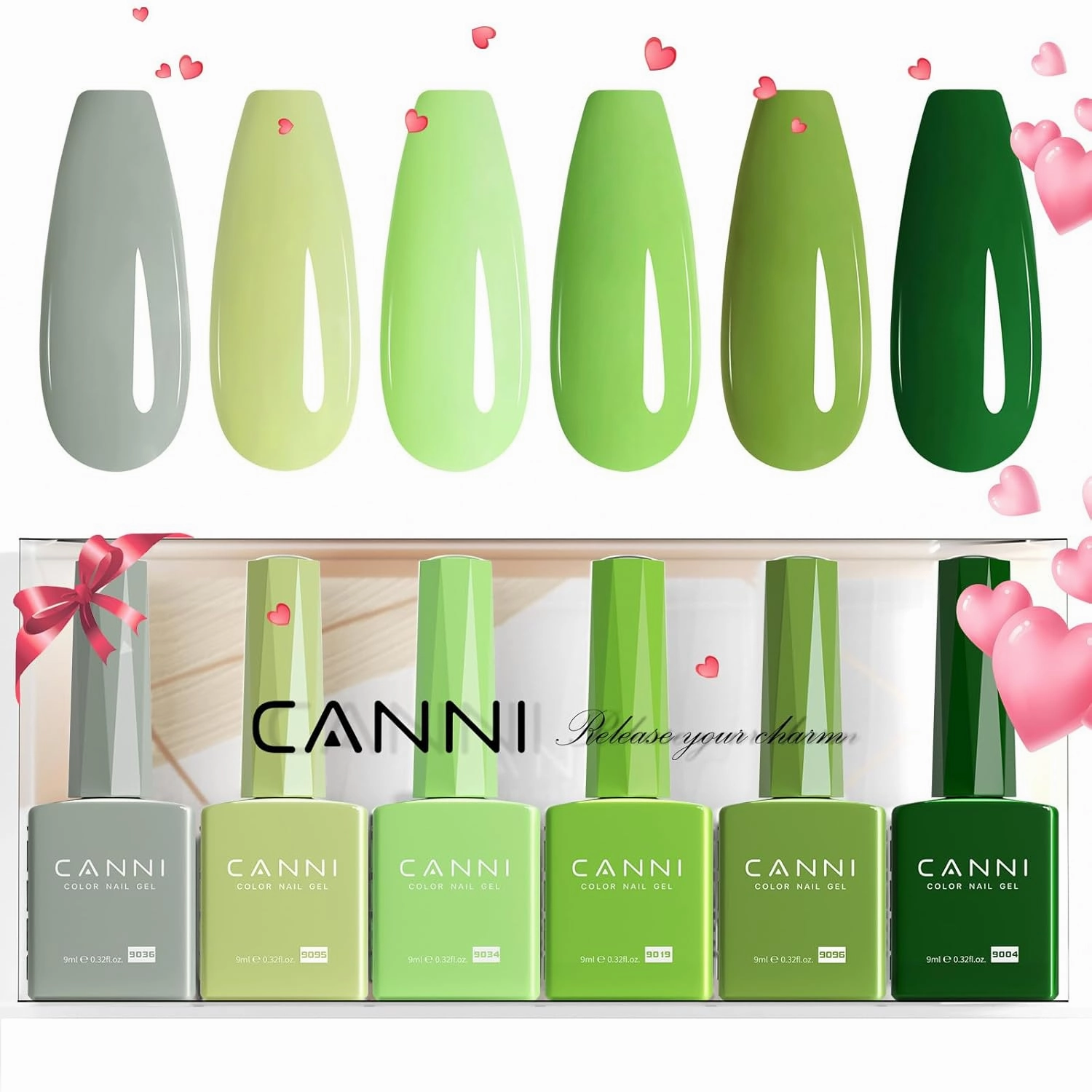 CANNI 6Pcs 9ml Emerald Green Gel Nail Polish Set - Dark Sage Forest Colors DIY at Home Salon Kit - Lime Olive Shades for Christmas New Year's Gifts