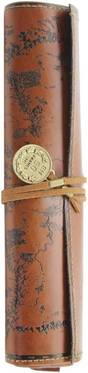 Canvas Leather Pencil Bag Roll,Vintage Treasure Map Pattern Pen Case Holder Organizer,Soft Wrap Bag Stationery Makeup Pouch Roll Up Style (Brown)