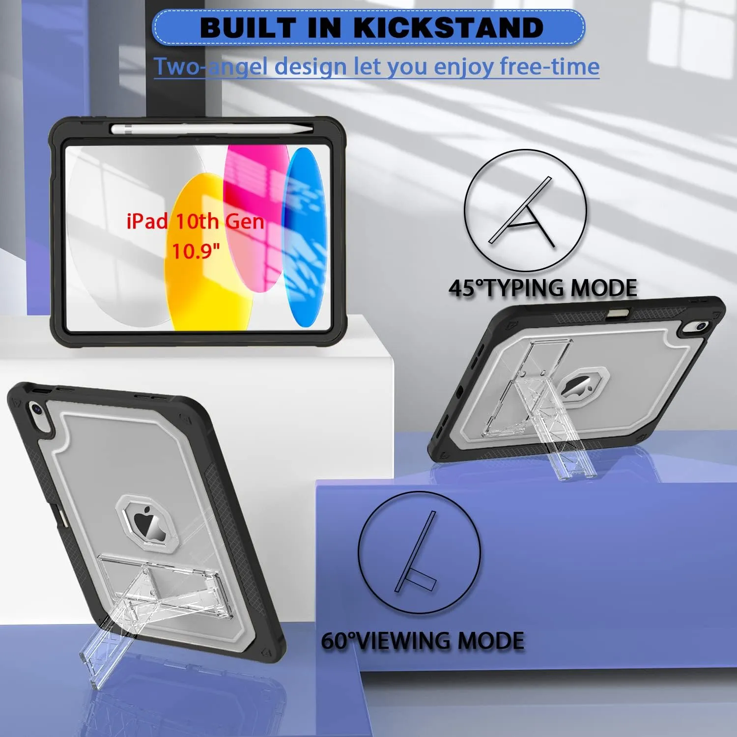Case for iPad 11-inch (A16) 2025 / iPad 10th Gen 10.9 inch 2022, Heavy Duty Shockproof Rugged Protective with Pencil Holder, 11th / 10th Translucent Cover with Kickstand Kids, Black