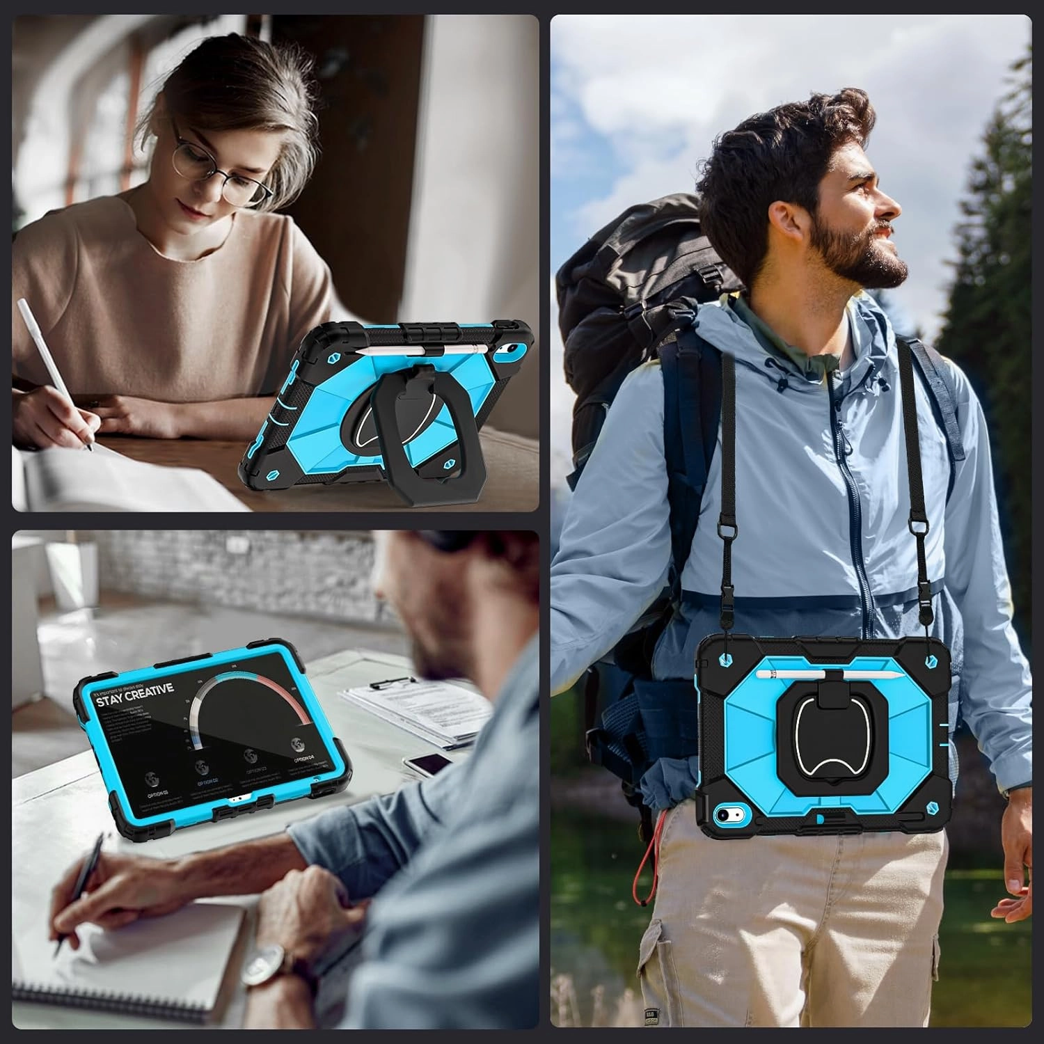 Case for iPad (A16)11th /10th Generation 11/10.9 Inch 2025/2022 with Screen Protector Rotating Stand Shoulder Strap Pencil Holder,Military Grade Shockproof iPad Case 10th Generation,Black Blue