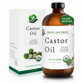 Castor Oil-Castor Oil Organic Cold Pressed Unrefined Glass Bottle-Organic Certified 100% Pure Castor Oil,Hexane Free,Organic Castor Oil for Face,Hair Growth,Eyelashes,Caster 16.91fl.oz/500ml