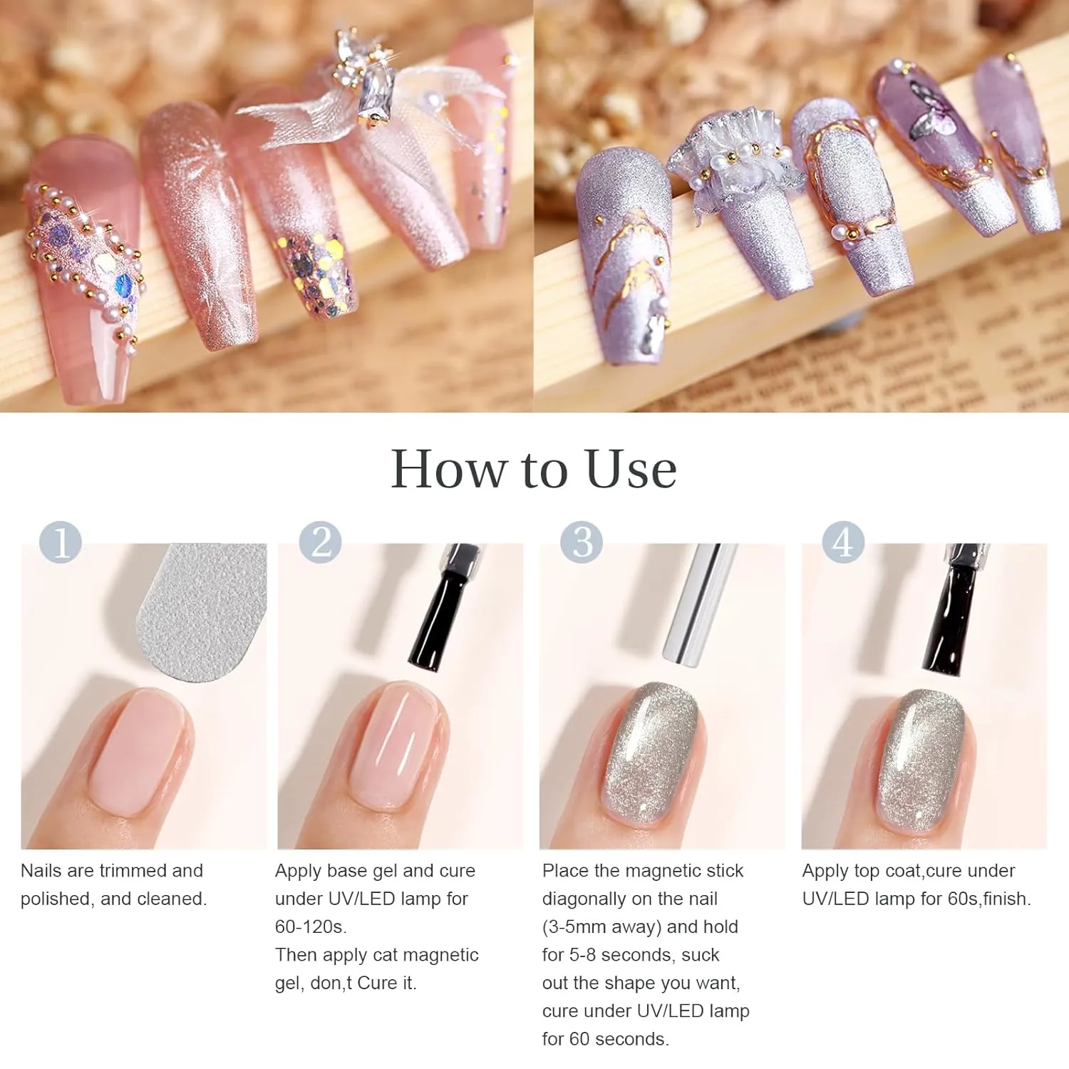 Cat Eye Gel Nail Polish with Magnet Stick, 15ml Glitter Holographic Nail Polish, Magnetic Effect Gel for Home DIY Manicure Gift, Brown Gold