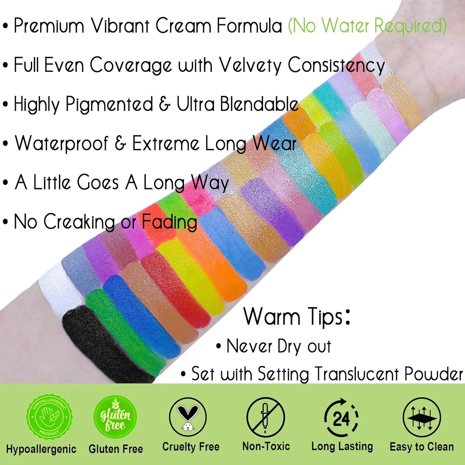 CCbeauty 36 Colors Face Body Paint Oil Based, Safe Neon Face Painting Palette Kit with Translucent Setting Powder,10 Black Brushes for Halloween SFX Special Effects Costume Cosplay Makeup