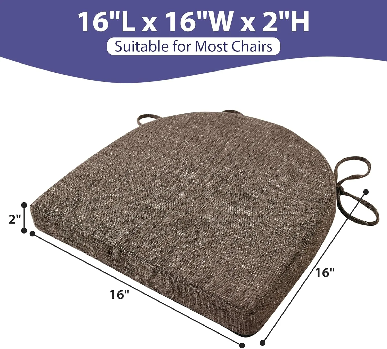 Chair Cushions for Dining Chairs with Ties and Removable Cover, Dining Kitchen Chair Pads with Non-Slip Bottom, High-Resilience Indoor Seat Cushions, 16'' x 16'' x 2'', Set of 4, Brown