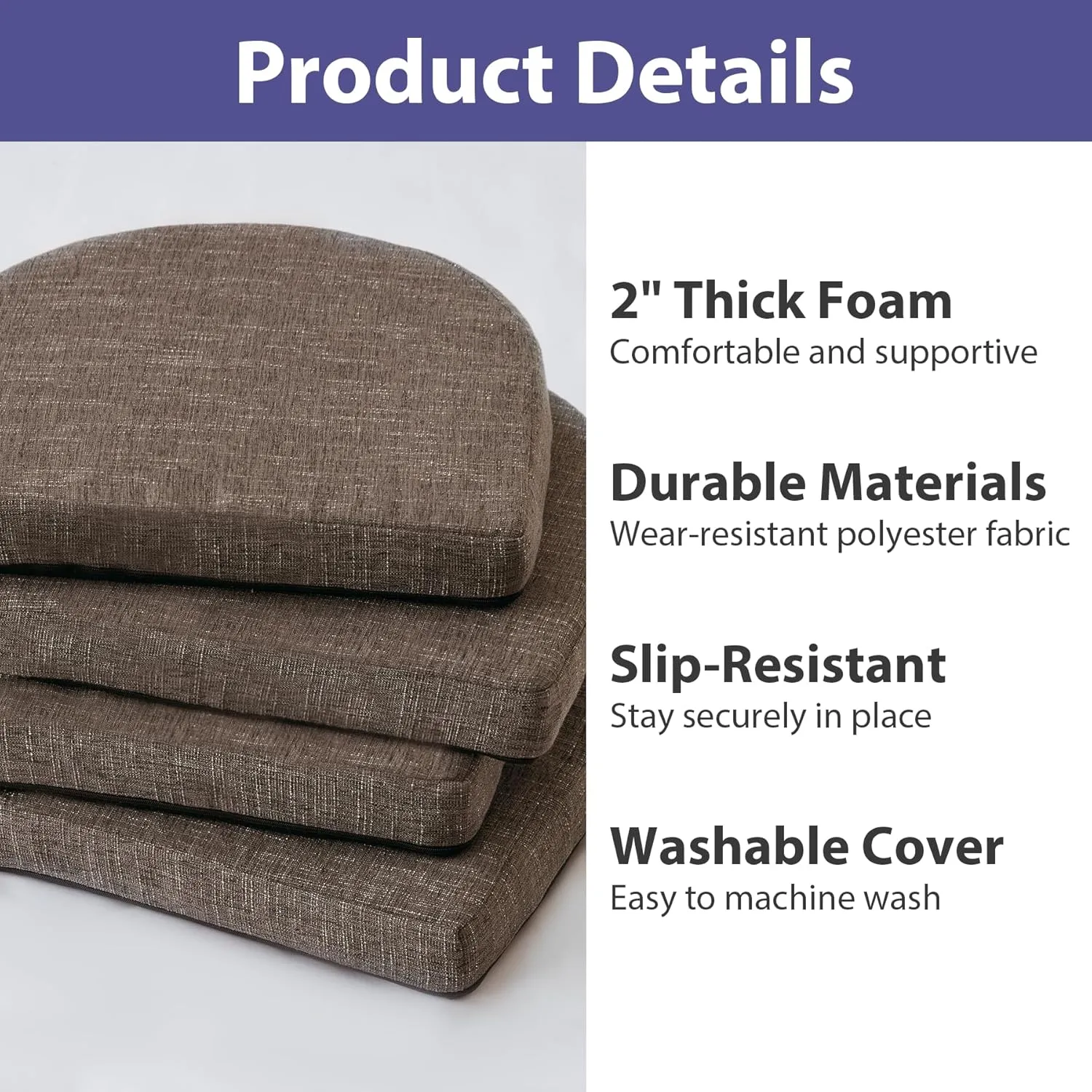 Chair Cushions for Dining Chairs with Ties and Removable Cover, Dining Kitchen Chair Pads with Non-Slip Bottom, High-Resilience Indoor Seat Cushions, 16'' x 16'' x 2'', Set of 4, Brown