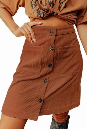 CHARTOU Women Corduroy Skirt Suede Pencil Skirt Office High Waist Button Bodycon Skirt Knee Length