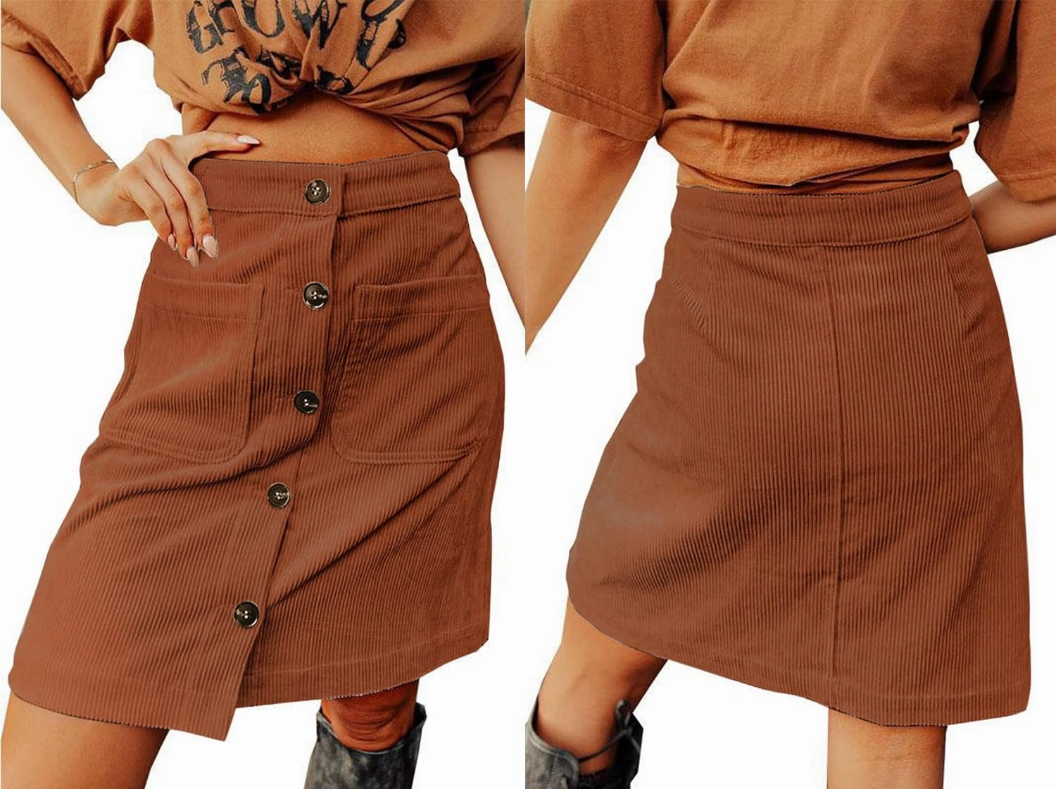 CHARTOU Women Corduroy Skirt Suede Pencil Skirt Office High Waist Button Bodycon Skirt Knee Length