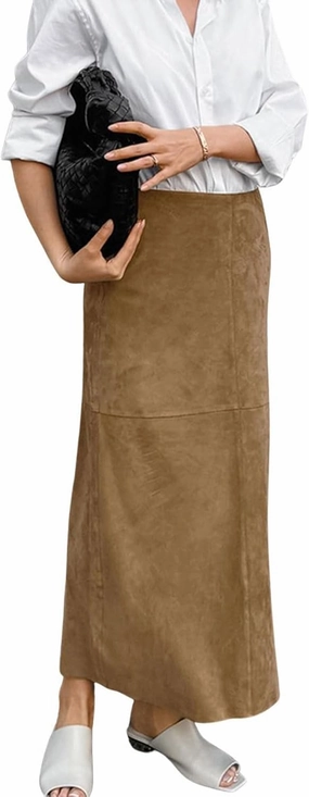 CHARTOU Women Fall Winter Elegant Faux Suede Leather Regular Fit Pencil Maxi Long Skirt