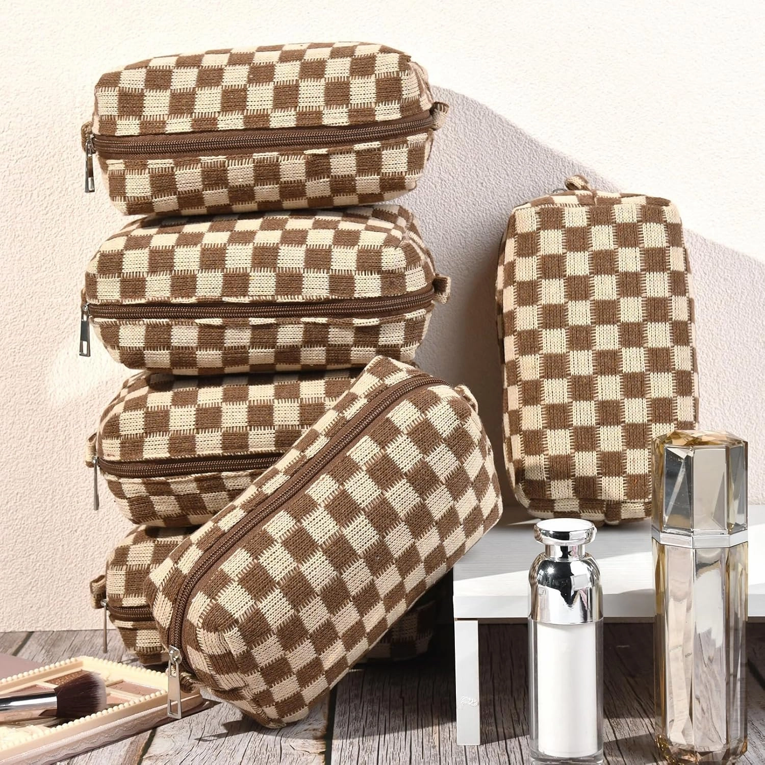 Checkered Makeup Bag Preppy Cosmetic Bag Bulk Brown Makeup Pouch Personalize Travel Toiletry Bag Organizer Cute DIY Makeup Brushes Storage Bag for Women