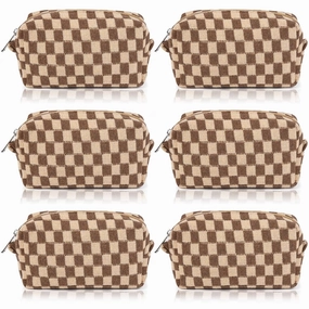 Checkered Makeup Bag Preppy Cosmetic Bag Bulk Brown Makeup Pouch Personalize Travel Toiletry Bag Organizer Cute DIY Makeup Brushes Storage Bag for Women