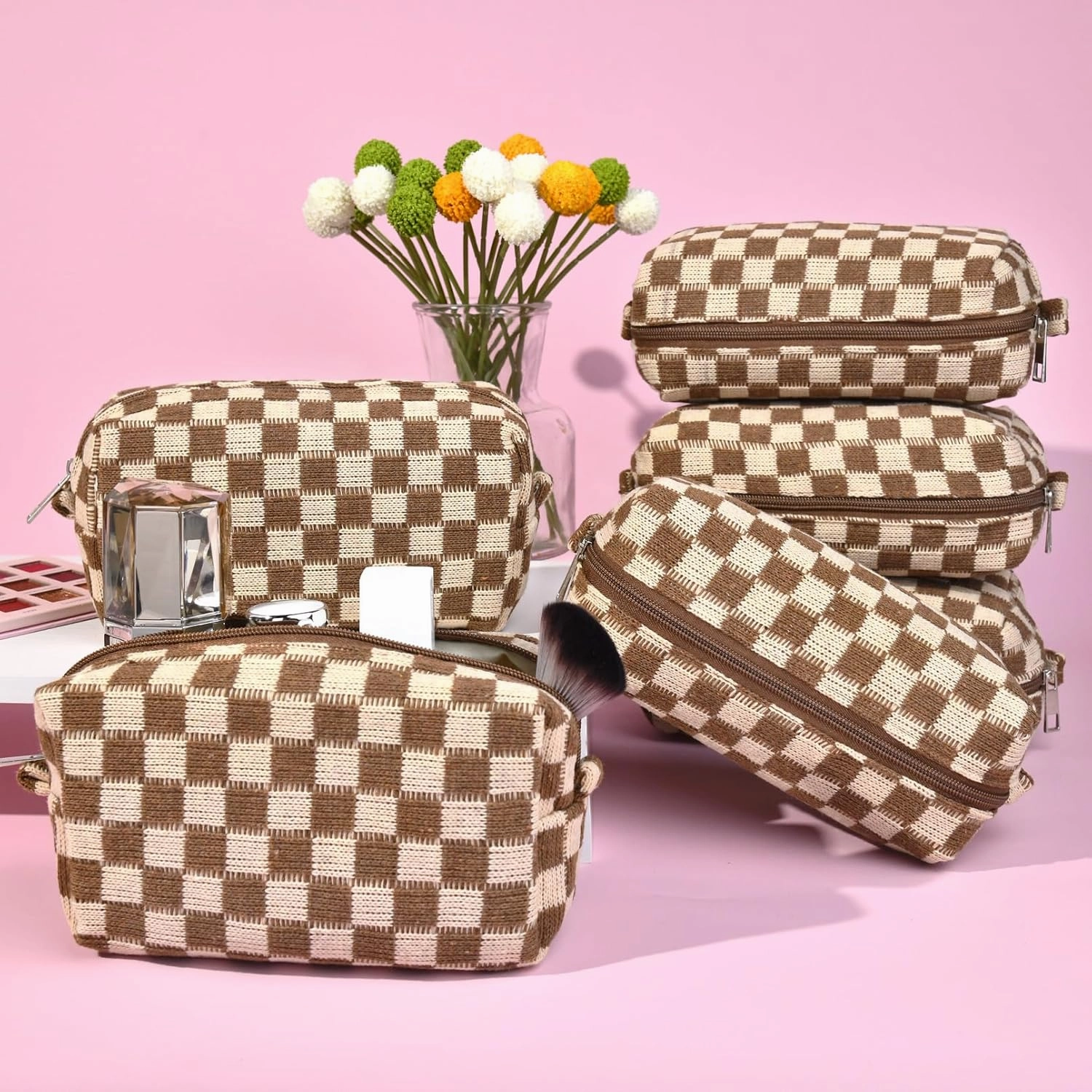 Checkered Makeup Bag Preppy Cosmetic Bag Bulk Brown Makeup Pouch Personalize Travel Toiletry Bag Organizer Cute DIY Makeup Brushes Storage Bag for Women