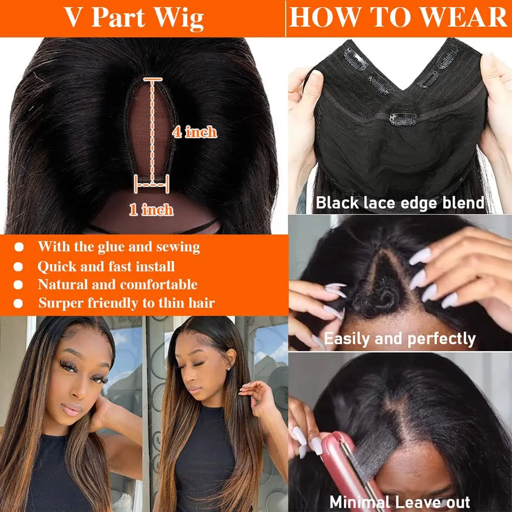 CHEETAHBEAUTY FB30 Ombre V Part Wig Human Hair 18Inch No Leave Out Upgrade Straight U Part Wig Highlight Blonde No Glue Brazilian Virgin Straight Human Hair Wigs for Women Colored Brown 180% Density