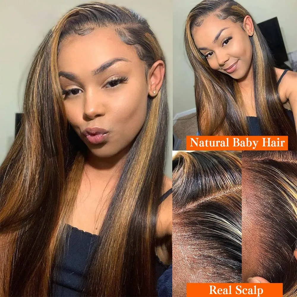 CHEETAHBEAUTY FB30 Ombre V Part Wig Human Hair 18Inch No Leave Out Upgrade Straight U Part Wig Highlight Blonde No Glue Brazilian Virgin Straight Human Hair Wigs for Women Colored Brown 180% Density
