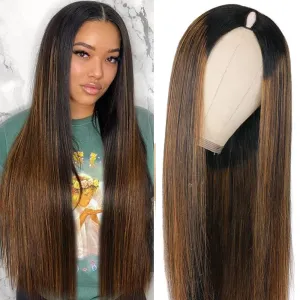 CHEETAHBEAUTY FB30 Ombre V Part Wig Human Hair 18Inch No Leave Out Upgrade Straight U Part Wig Highlight Blonde No Glue Brazilian Virgin Straight Human Hair Wigs for Women Colored Brown 180% Density
