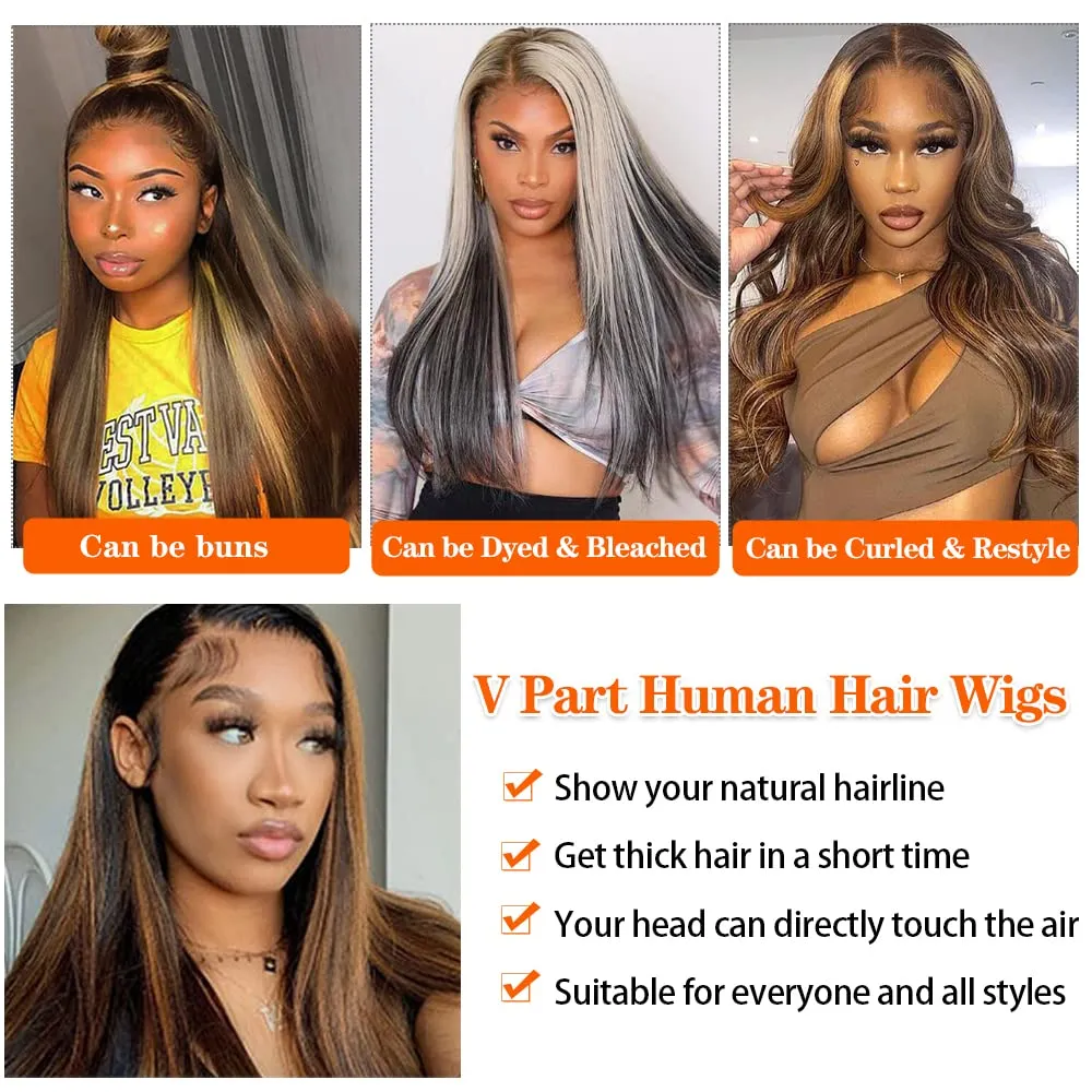 CHEETAHBEAUTY FB30 Ombre V Part Wig Human Hair 18Inch No Leave Out Upgrade Straight U Part Wig Highlight Blonde No Glue Brazilian Virgin Straight Human Hair Wigs for Women Colored Brown 180% Density