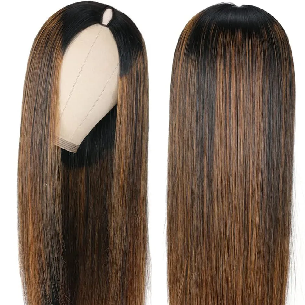 CHEETAHBEAUTY FB30 Ombre V Part Wig Human Hair 18Inch No Leave Out Upgrade Straight U Part Wig Highlight Blonde No Glue Brazilian Virgin Straight Human Hair Wigs for Women Colored Brown 180% Density