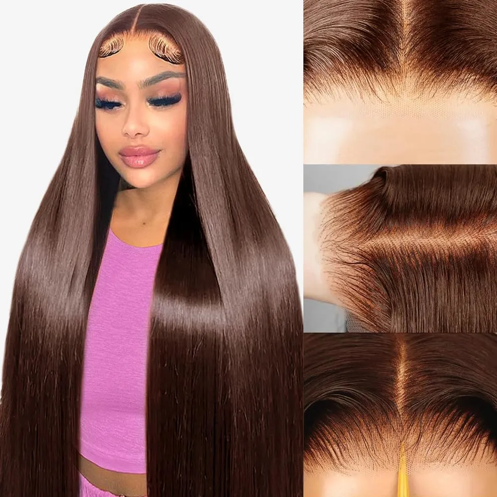 Chocolate Brown Glueless Wig Human Hair 28Inch Wear and Go Glueless Wig Human Hair Pre Cut 220% Density Brown Straight Human Hair Wig 7x5 Closure Wigs for Black Women 3 Seconds Ready to Wear