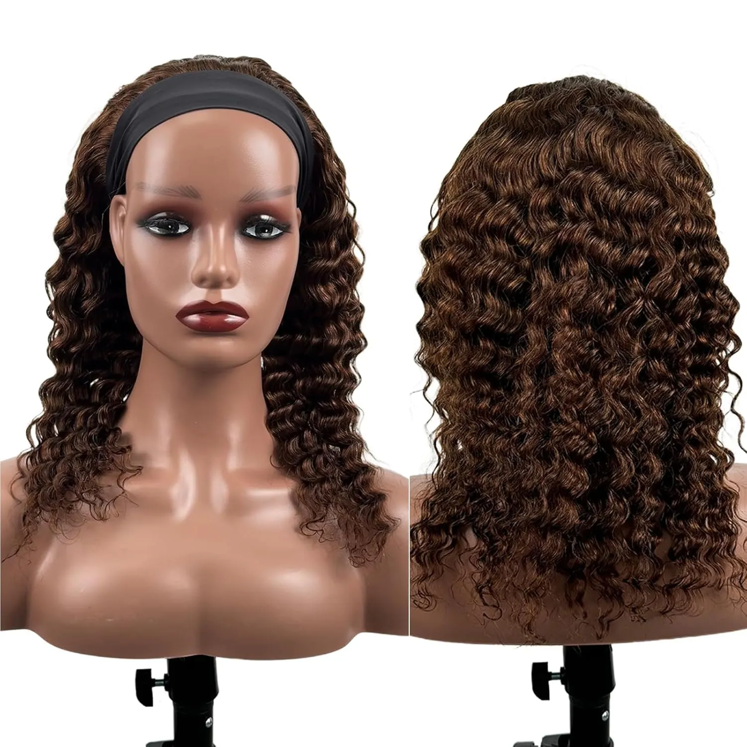Chocolate Brown Headband Wig Human Hair for Women 12 Inch #4 Deep Wave Headband Wig Glueless Curly Human Hair Wig
