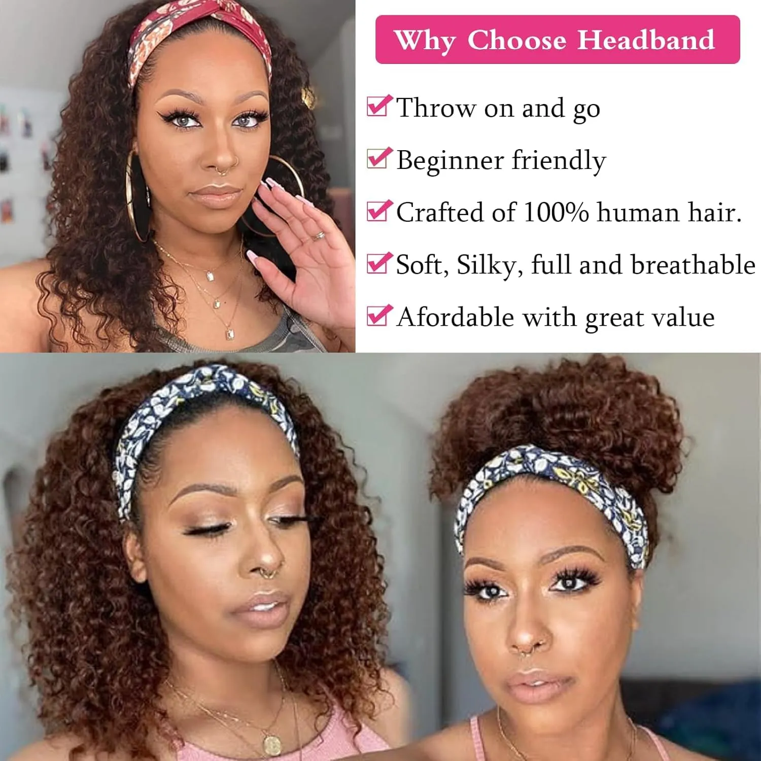 Chocolate Brown Headband Wig Human Hair for Women 12 Inch #4 Deep Wave Headband Wig Glueless Curly Human Hair Wig