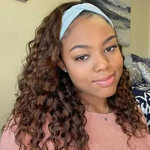 Chocolate Brown Headband Wig Human Hair for Women 12 Inch #4 Deep Wave Headband Wig Glueless Curly Human Hair Wig