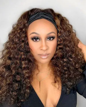 Chocolate Brown Headband Wig Human Hair for Women #4 Deep Wave Headband Wig Glueless Curly Human Hair Wig 22 Inch