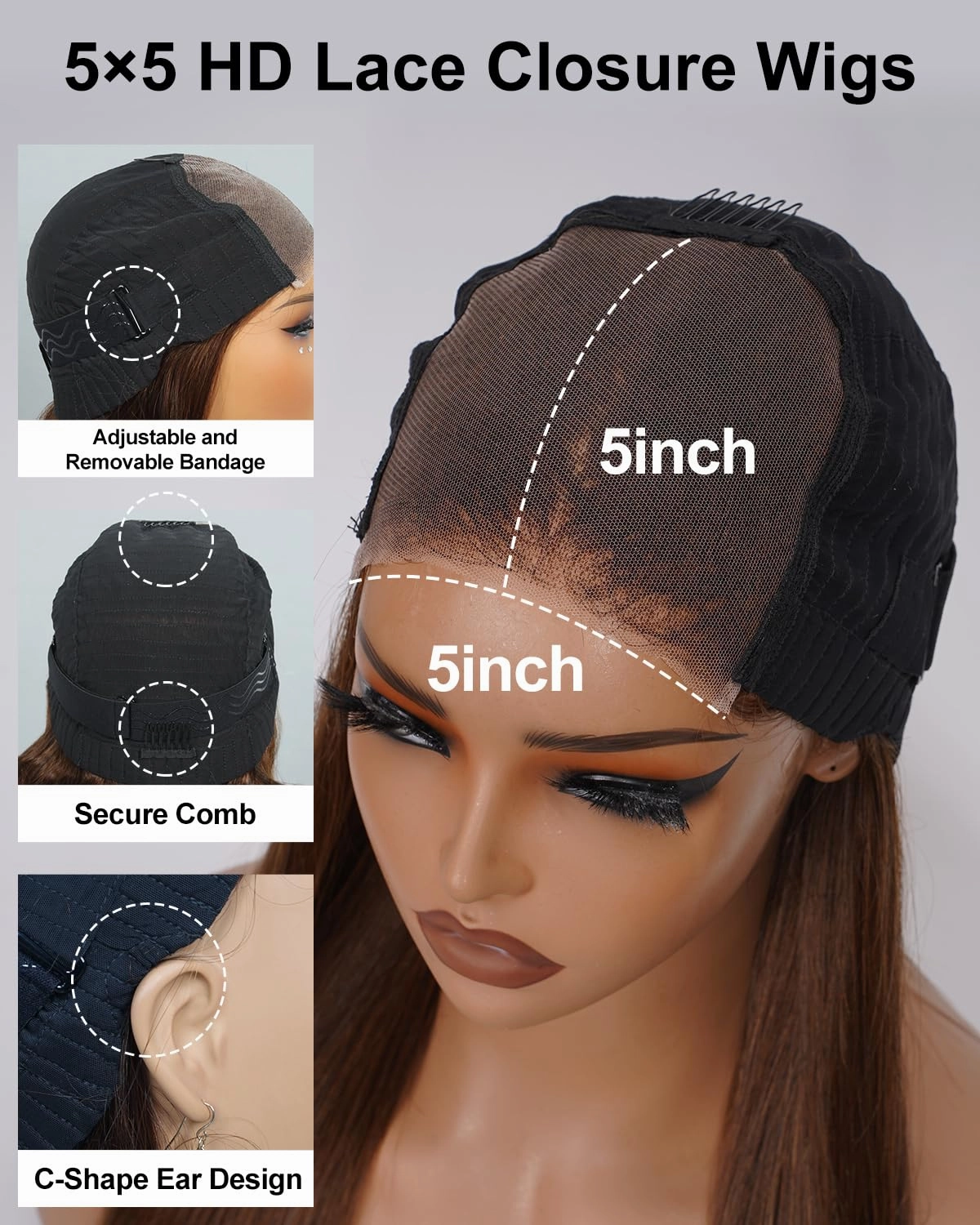 Chocolate Brown 5x5 HD Lace Closure Wigs Human Hair 200% Density Wear and Go Glueless Wigs Human Hair Pre Plucked Pre Cut 12A Straight Lace Front Wig for Women 4# 20 Inch
