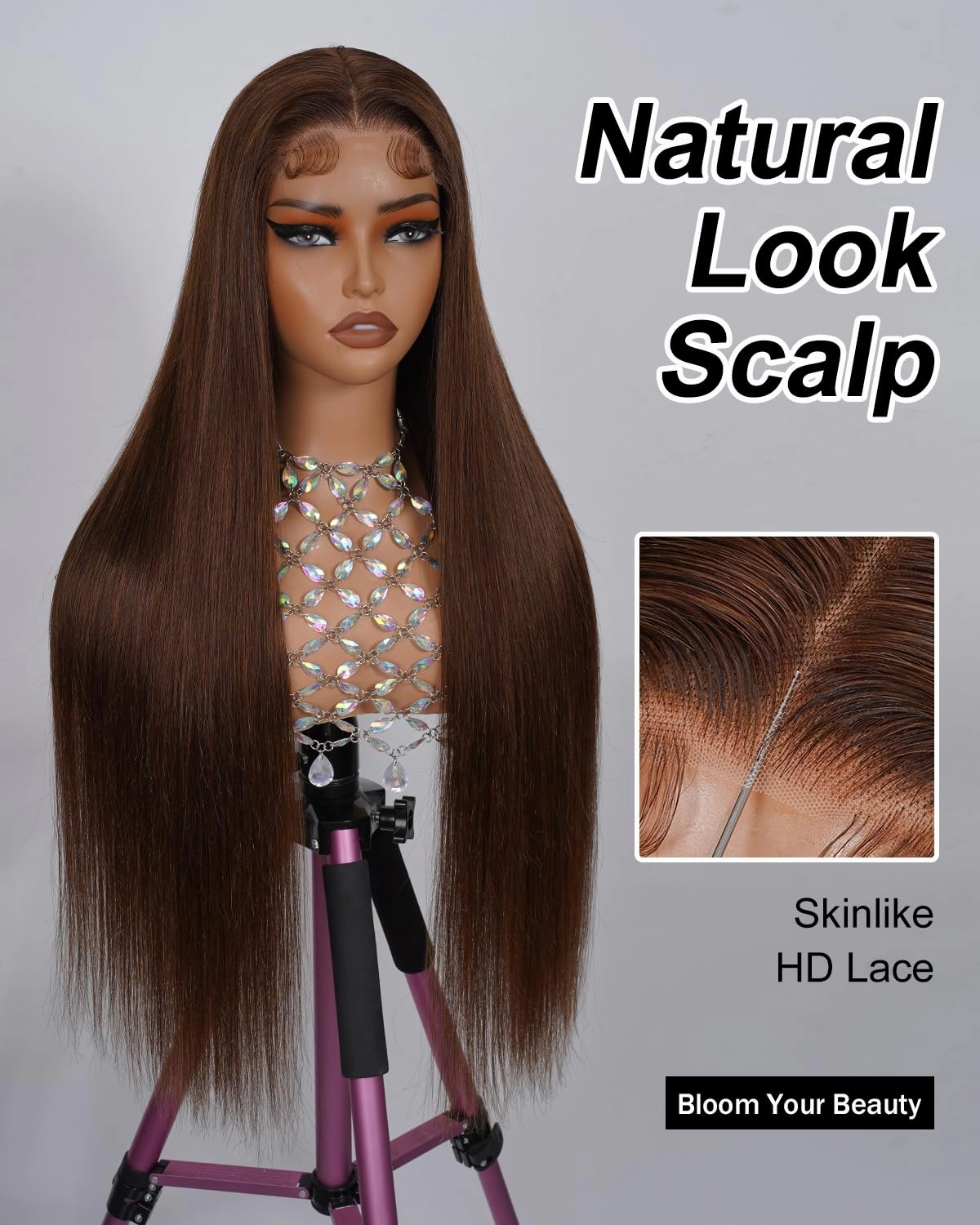 Chocolate Brown 5x5 HD Lace Closure Wigs Human Hair 200% Density Wear and Go Glueless Wigs Human Hair Pre Plucked Pre Cut 12A Straight Lace Front Wig for Women 4# 20 Inch