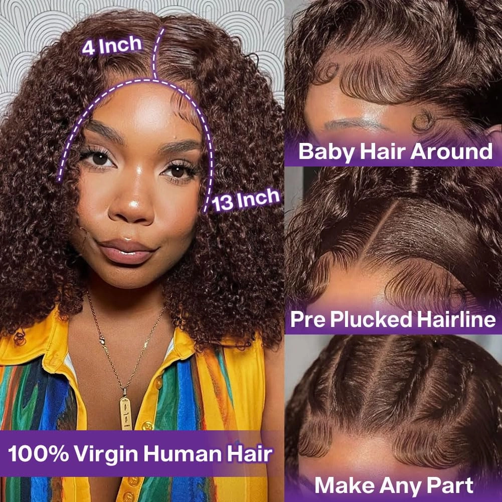 Chocolate Brown Deep Wave BOB Wigs For Black Women Human Hair 13x4 HD Short Curly Dark Brown Lace Front BOB Wigs Human Hair Pre Plucked Wear And Go Glueless #4 Colored 14 Inch