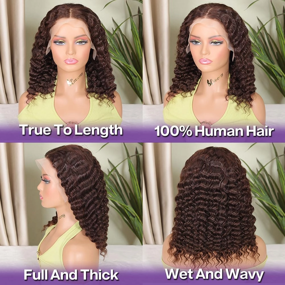 Chocolate Brown Deep Wave BOB Wigs For Black Women Human Hair 13x4 HD Short Curly Dark Brown Lace Front BOB Wigs Human Hair Pre Plucked Wear And Go Glueless #4 Colored 14 Inch