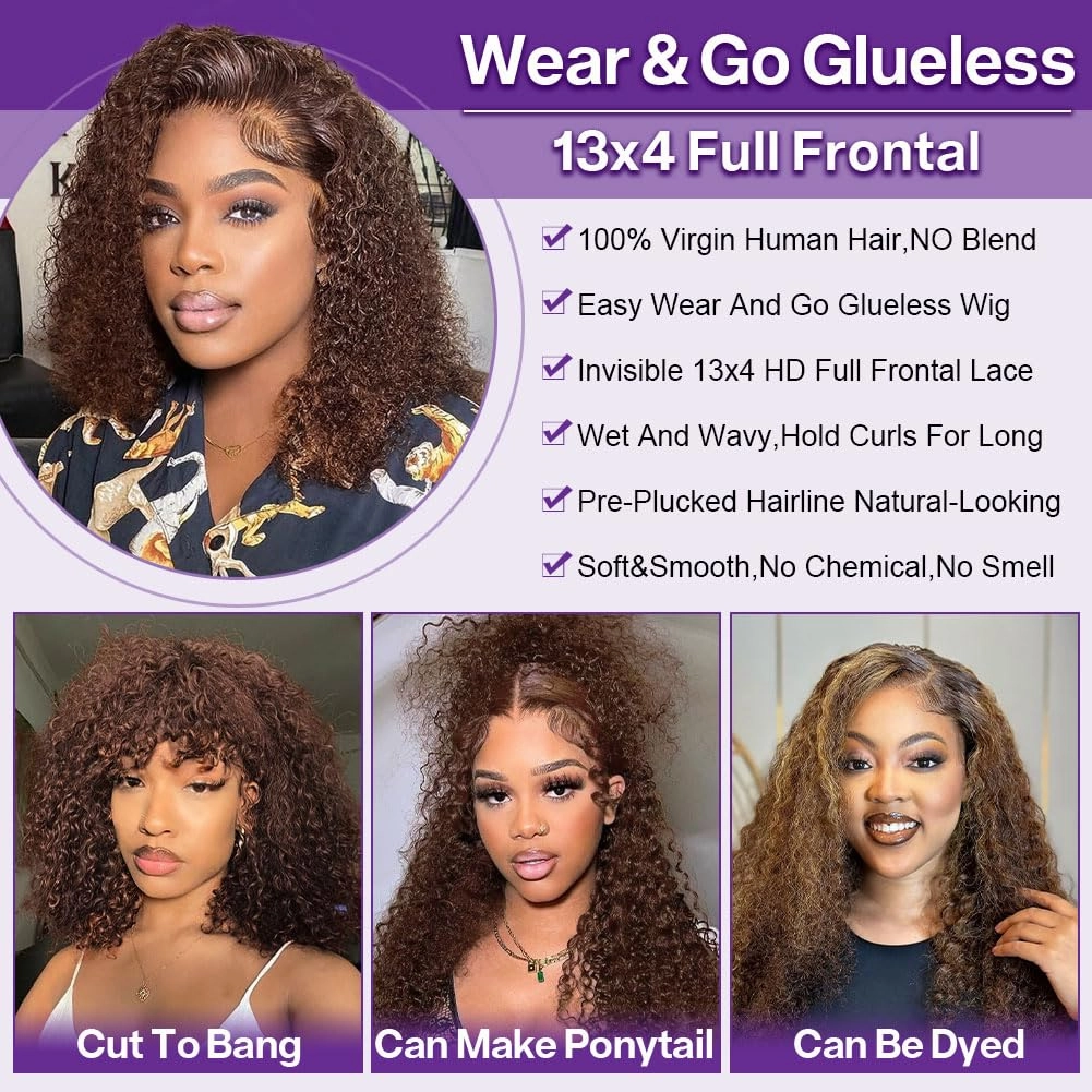 Chocolate Brown Deep Wave BOB Wigs For Black Women Human Hair 13x4 HD Short Curly Dark Brown Lace Front BOB Wigs Human Hair Pre Plucked Wear And Go Glueless #4 Colored 14 Inch