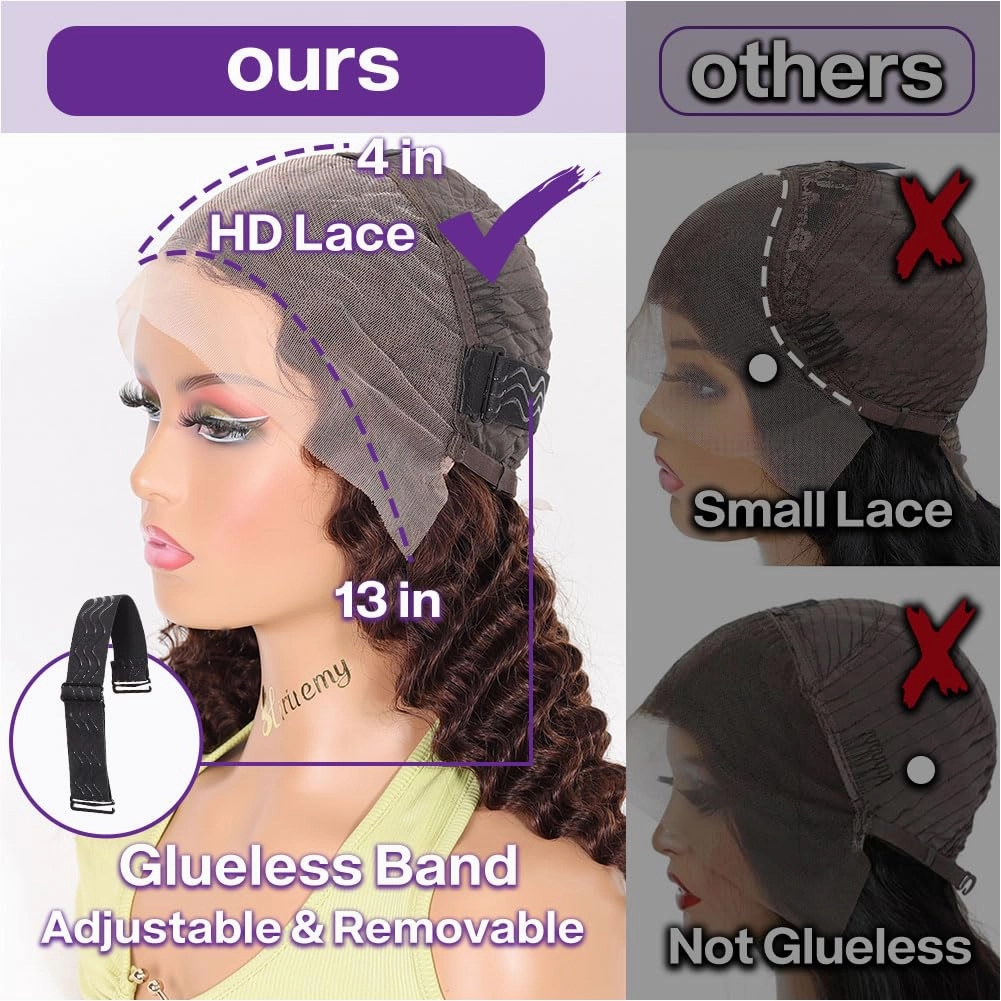 Chocolate Brown Deep Wave BOB Wigs For Black Women Human Hair 13x4 HD Short Curly Dark Brown Lace Front BOB Wigs Human Hair Pre Plucked Wear And Go Glueless #4 Colored 14 Inch