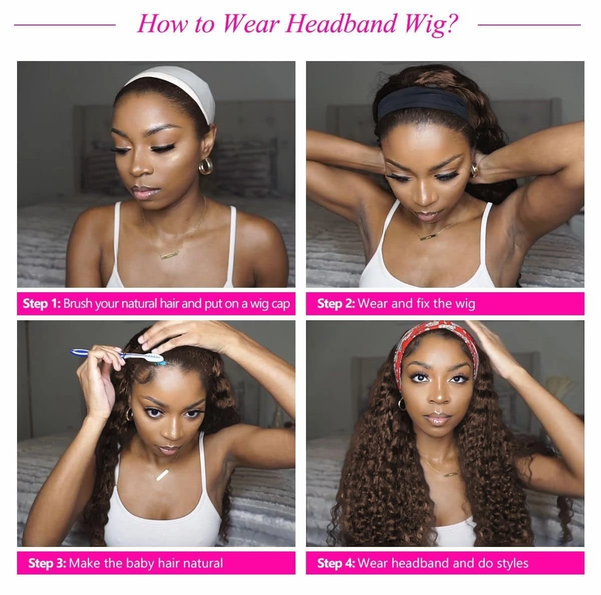 Chocolate Brown Deep Wave Headband Wig Human Hair #4 Colored Curly Headband Wigs for Black Women Human Hair Glueless None Lace Front Wigs Brazilian Virgin Hair Wig Machine Made 150% Density 12 Inch