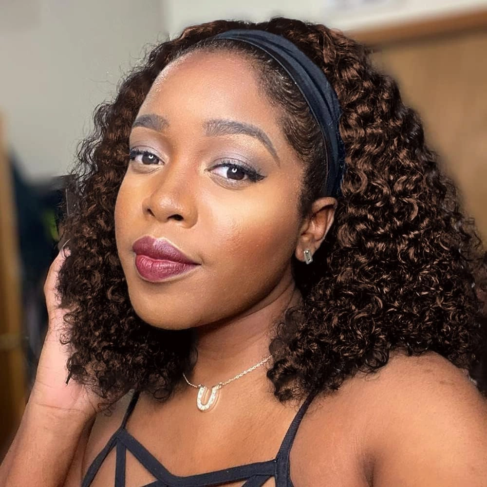 Chocolate Brown Deep Wave Headband Wig Human Hair #4 Colored Curly Headband Wigs for Black Women Human Hair Glueless None Lace Front Wigs Brazilian Virgin Hair Wig Machine Made 150% Density 12 Inch