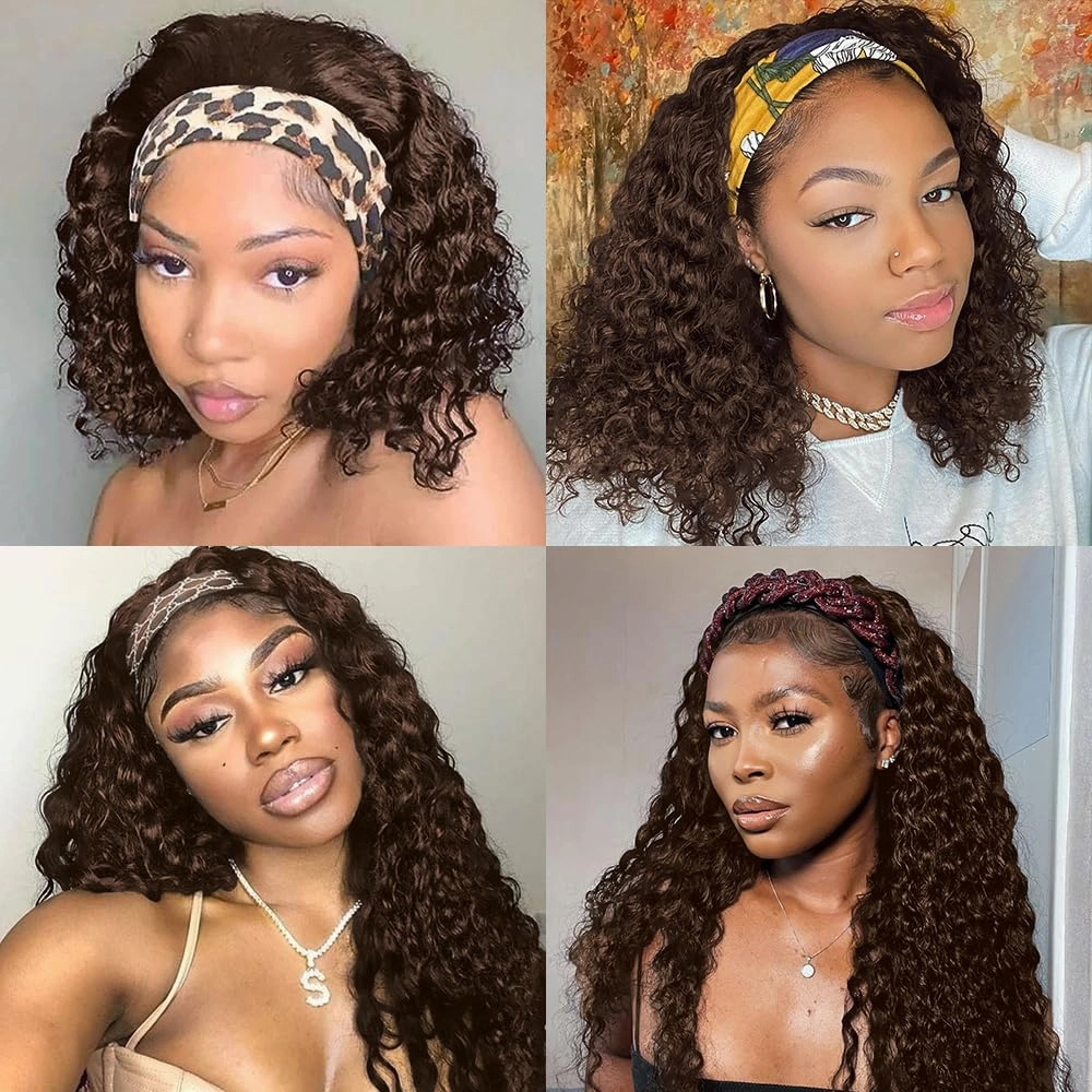 Chocolate Brown Deep Wave Headband Wig Human Hair #4 Colored Curly Headband Wigs for Black Women Human Hair Glueless None Lace Front Wigs Brazilian Virgin Hair Wig Machine Made 150% Density 12 Inch