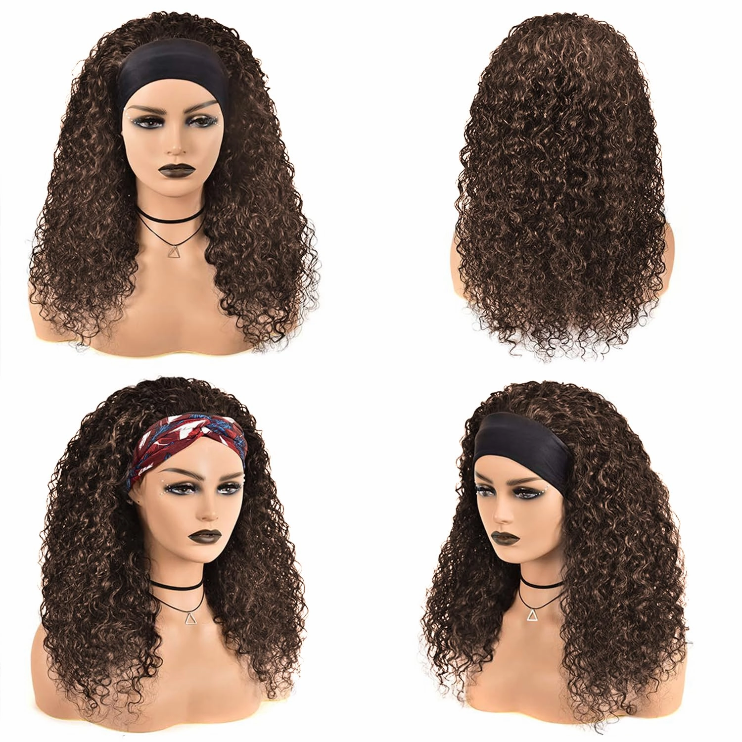 Chocolate Brown Deep Wave Headband Wig Human Hair #4 Colored Curly Headband Wigs for Black Women Human Hair Glueless None Lace Front Wigs Brazilian Virgin Hair Wig Machine Made 150% Density 12 Inch
